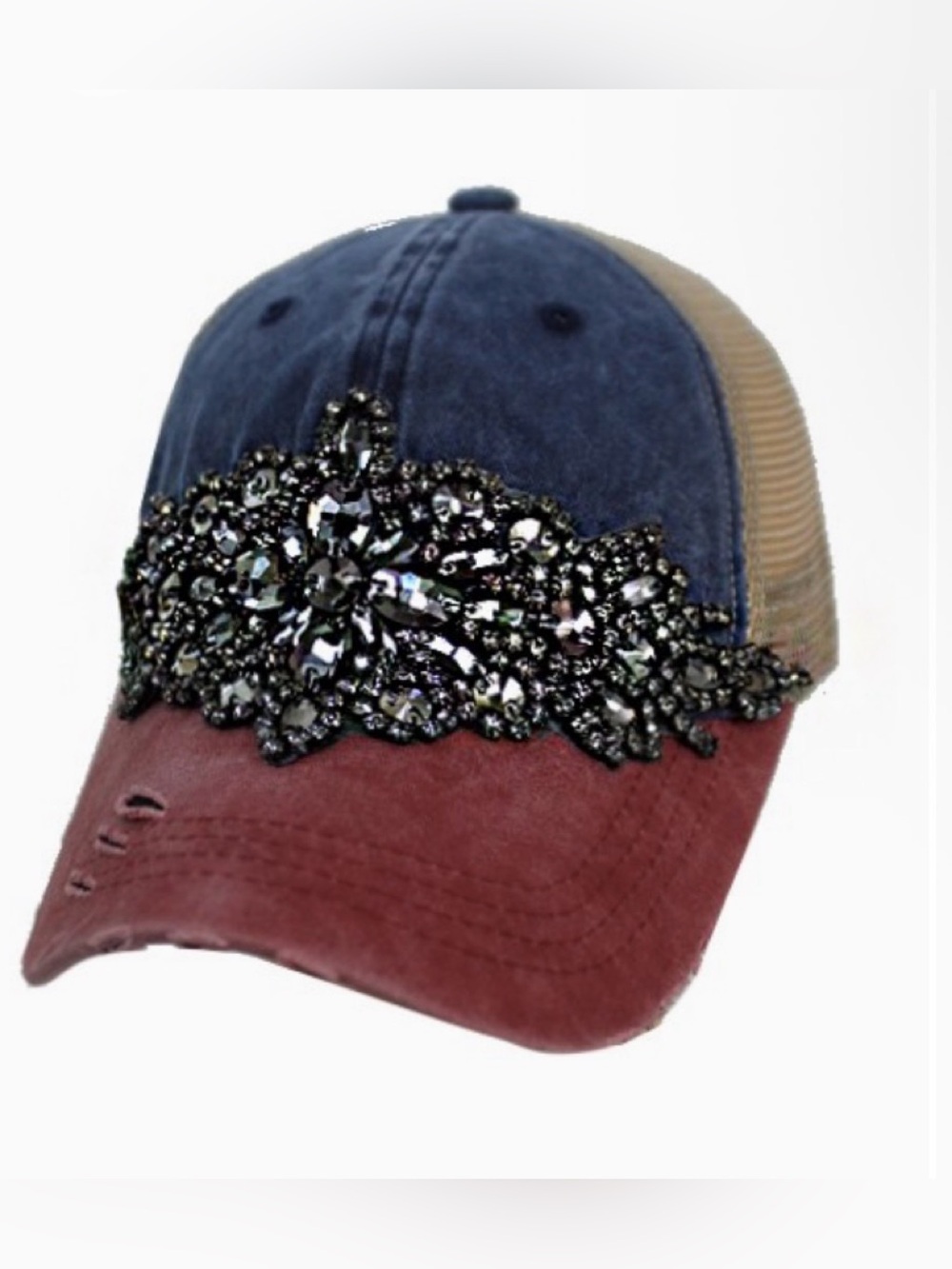 COMING SOON- Embellished Two-Tone Women's Trucker Cap - Navy & Burgundy